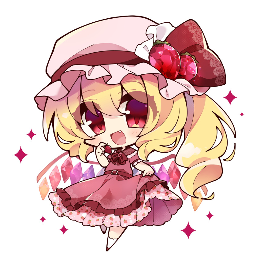 1girl :d belt belt_buckle blonde_hair bow bowtie buckle chibi clothes_lift commentary crystal_wings dress dress_lift fang flandre_scarlet food food_print frilled_dress frills fruit full_body gem hand_up hat hat_bow hat_ribbon highres holding holding_food holding_fruit layered_dress looking_at_viewer misosiru_0224 mob_cap open_mouth print_dress red_belt red_bow red_bowtie red_dress red_eyes red_gemstone red_ribbon ribbon side_ponytail simple_background smile socks solo sparkle strawberry strawberry_print touhou white_background white_headwear white_socks wings