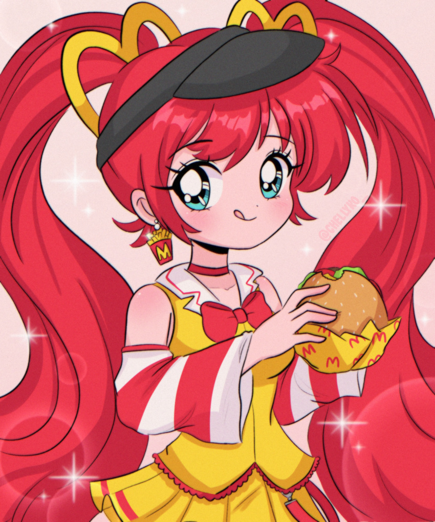 1990s_(style) 1girl absurdres black_headwear blue_eyes blush bow bowtie burger chelly_(chellyko) choker detached_sleeves earrings food hair_ornament hat hatsune_miku highres holding holding_food jewelry licking_lips long_hair long_sleeves looking_at_viewer mcdonald's red_bow red_bowtie red_choker redhead retro_artstyle shirt short_sleeves skirt smile solo sparkle standing tongue tongue_out twintails very_long_hair visor_cap vocaloid yellow_shirt yellow_skirt