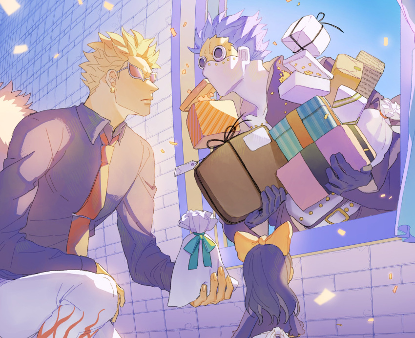 1girl 2boys aged_down baby_5 black_hair black_shirt blonde_hair blue_hair blue_sky bow box capri_pants child collared_shirt dareka_25 donquixote_doflamingo earrings fisheye from_behind gift gift_box gladius_(one_piece) goggles hair_bow happy_birthday highres holding holding_gift jewelry long_hair looking_at_another mask mouth_mask multiple_boys necktie on_one_knee one_piece pants parted_lips red_necktie shirt short_hair sky spiky_hair too_many_gifts window yellow_bow