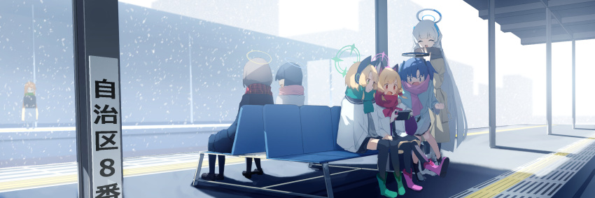 6+girls blonde_hair blue_archive blue_eyes blue_hair bow closed_eyes green_bow green_eyes halo handheld_game_console highres holding holding_handheld_game_console jacket midori_(blue_archive) momoi_(blue_archive) multiple_girls noa_(blue_archive) on_bench qtwz red_bow red_eyes scarf siblings sitting_on_bench train_station twins white_hair yuuka_(blue_archive)