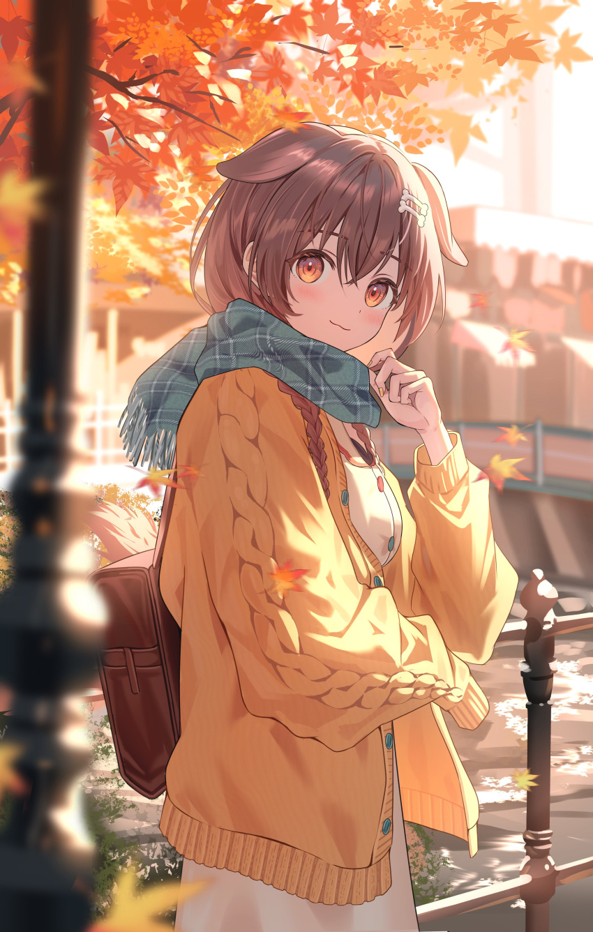 1girl :3 absurdres adapted_costume adjusting_clothes adjusting_scarf animal_ears autumn autumn_leaves bag blue_scarf blurry blurry_foreground blush bone_hair_ornament braid breasts brown_hair closed_mouth commentary day dog_ears dress ears_down falling_leaves full_body hair_between_eyes hair_ornament handbag highres hololive inugami_korone inugami_korone_(1st_costume) jacket komiya_latte leaf long_hair looking_at_viewer low_twin_braids medium_breasts open_clothes open_jacket outdoors plaid plaid_scarf railing red_eyes scarf sleeves_past_fingers sleeves_past_wrists smile solo standing sunlight twin_braids virtual_youtuber white_dress yellow_jacket