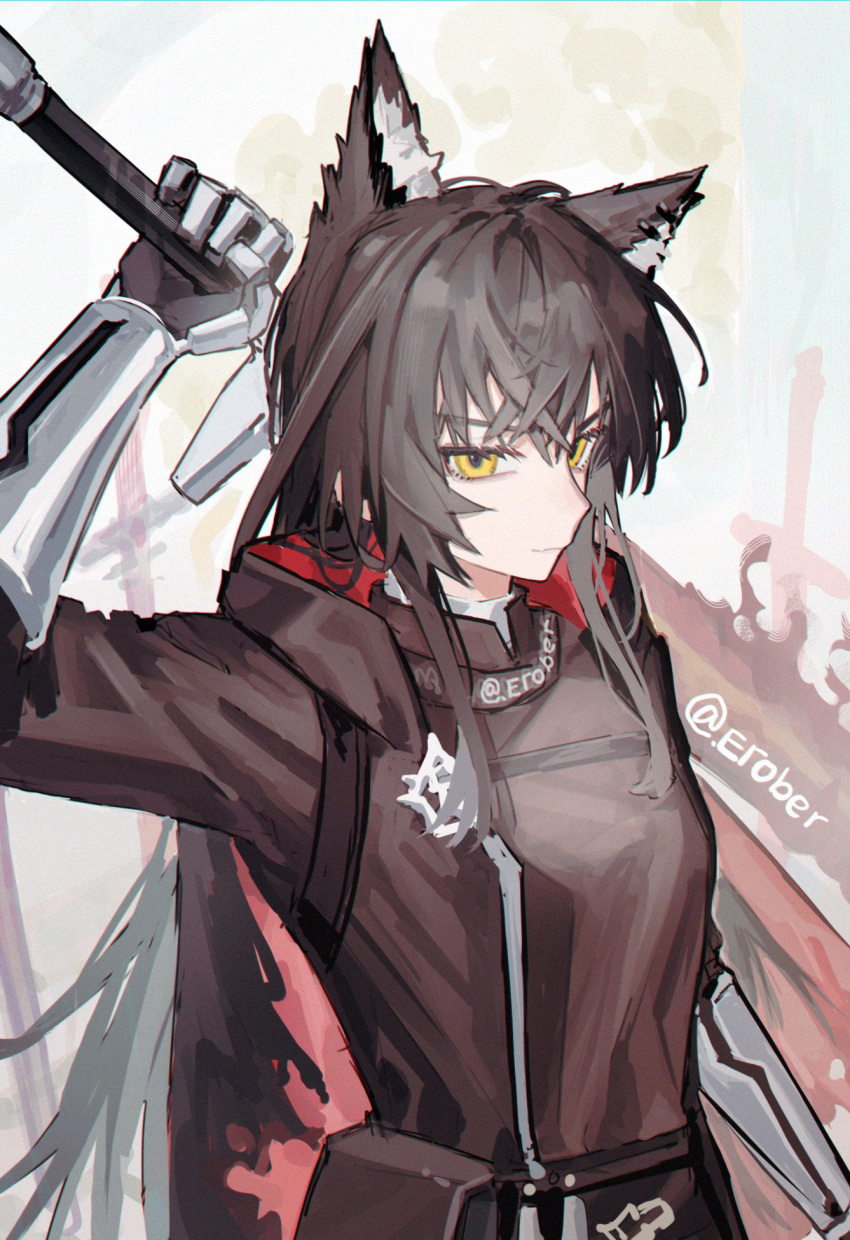1girl animal_ear_fluff animal_ears arknights artist_name belt belt_pouch black_cape black_hair breasts cape closed_mouth commentary_request erober extra_ears gauntlets gloves hair_between_eyes highres holding holding_sword holding_weapon hood hood_down long_hair long_sleeves looking_at_viewer medium_breasts pouch red_cape signature simple_background solo sword texas_(arknights) texas_the_omertosa_(arknights) texas_the_omertosa_(wingbreaker)_(arknights) weapon white_background white_gloves wolf_ears wolf_girl yellow_eyes