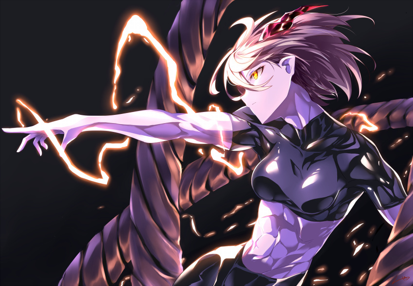 1girl abs black_background blonde_hair breasts collarbone colored_skin glowing glowing_eyes hayabusa_aoi highres horns lightning medium_breasts muscular muscular_female original pointing pointy_ears purple_skin short_hair single_horn solo yellow_eyes