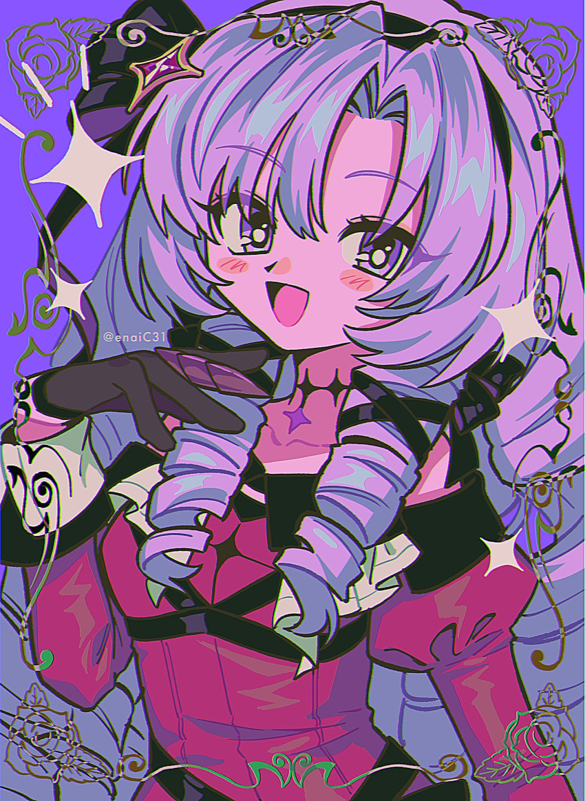 1girl :d artist_name bare_shoulders black_gloves black_hairband blush blush_stickers chromatic_aberration claw_ring colored_skin dress drill_hair drill_sidelocks eyes_visible_through_hair gloves hair_ribbon hairband highres hyakumantenbara_salome hyakumantenbara_salome_(1st_costume) juliet_sleeves long_hair long_sleeves looking_at_viewer menma_(enaic31) nijisanji off-shoulder_dress off_shoulder open_mouth pink_skin puffy_sleeves purple_background purple_hair red_dress ribbon sidelocks simple_background smile solo twitter_username upper_body violet_eyes virtual_youtuber