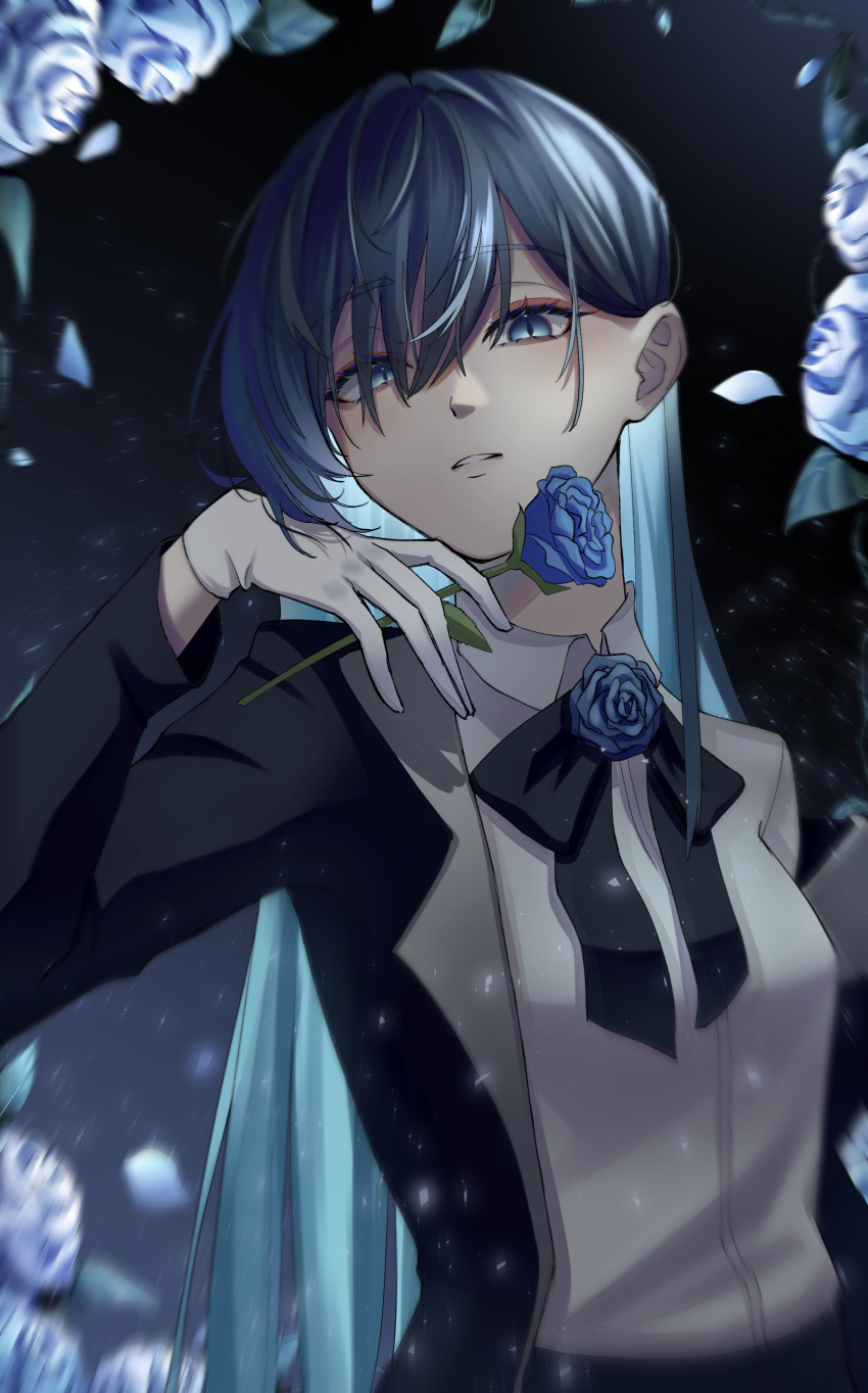 1girl absurdres ado_(utaite) black_bow black_bowtie black_hair black_suit blue_eyes blue_flower blue_hair blue_rose bow bowtie clip_studio_paint_(medium) cloud_nine_inc collared_shirt colored_inner_hair dress_shirt flower formal gloves hand_up highres holding holding_flower jacket light_frown light_particles long_hair long_sleeves looking_at_viewer looking_down multicolored_hair open_clothes open_jacket parted_lips rose shirt single_off_shoulder siu_zaak slit_pupils solo standing suit suit_jacket upper_body very_long_hair vignetting white_gloves white_shirt