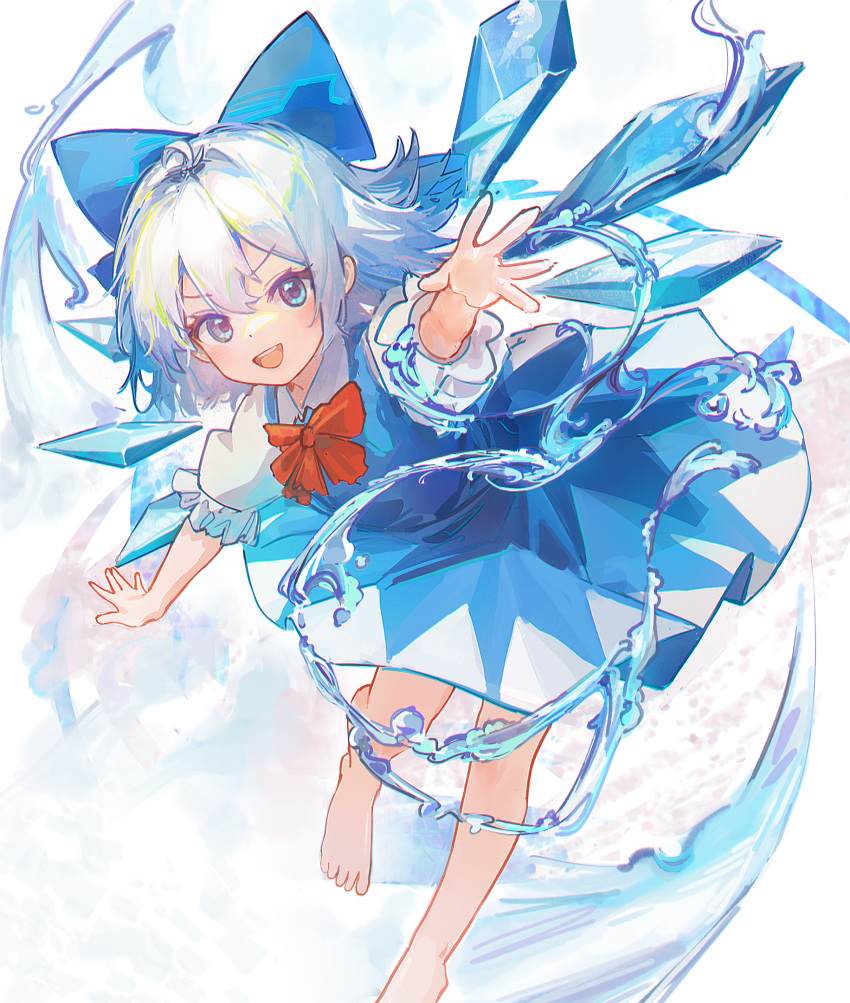 1girl barefoot blue_bow blue_dress blue_eyes blue_hair bow calcite cirno collared_shirt dress fairy hair_bow highres ice ice_wings looking_at_viewer open_mouth shirt short_hair short_sleeves simple_background smile solo touhou water white_background white_shirt wings