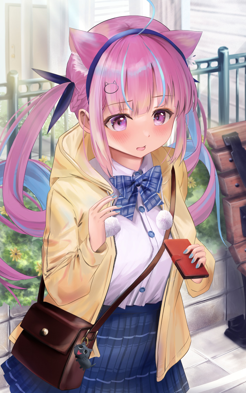 1girl absurdres ahoge animal_ear_fluff animal_ears bag bench blue_bow blue_hair blue_headband blue_skirt blush bow cat_ears cat_hair_ornament cellphone colored_inner_hair hair_bow hair_ornament handbag headband highres holding holding_phone hololive jacket long_hair looking_at_viewer minato_aqua mochiki_927 multicolored_hair open_mouth park_bench phone pink_hair shirt skirt smartphone solo twintails two-tone_hair violet_eyes virtual_youtuber white_shirt yellow_jacket