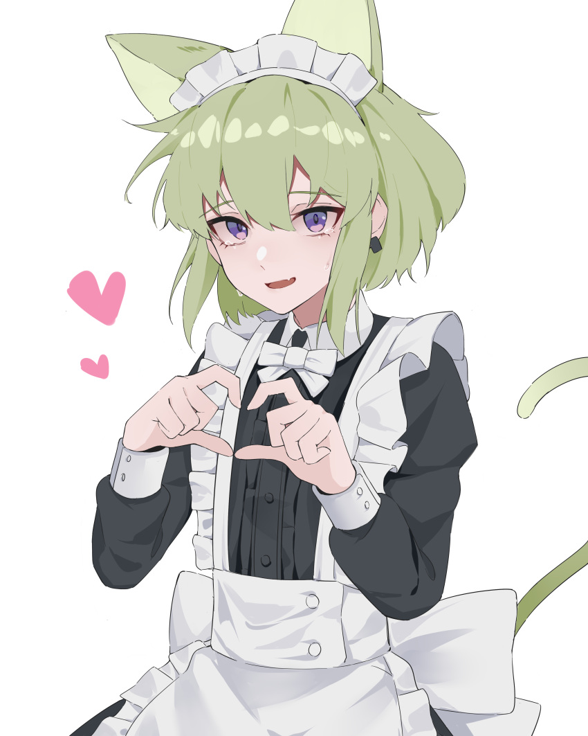 1boy absurdres alternate_costume animal_ears apron axescr back_bow black_dress bow bowtie cat_boy cat_ears cat_tail crossdressing crying crying_with_eyes_open dress earrings english_commentary fang green_hair heart heart_hands highres jewelry lio_fotia long_sleeves looking_at_viewer maid maid_apron maid_headdress male_focus open_mouth otoko_no_ko promare short_hair simple_background skin_fang solo standing tail tears violet_eyes white_background white_bow white_bowtie
