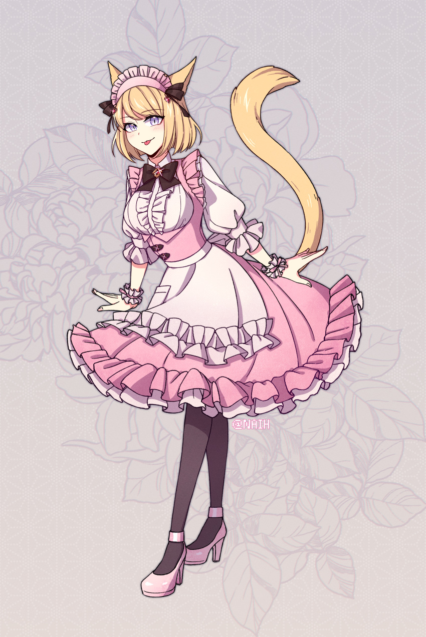 1girl :3 :p absurdres animal_ears apron arms_at_sides black_pantyhose blonde_hair bob_cut bow bowtie breasts brooch cat_ears cat_girl cat_tail center_frills circle_skirt closed_mouth commentary dress english_commentary final_fantasy final_fantasy_xiv fingernails floral_background frilled_apron frilled_dress frilled_shirt frilled_sleeves frills full_body gem glint grey_background high_heels highres jewelry leaning_forward light_blush looking_at_viewer maid maid_headdress medium_breasts medium_dress miqo'te naih_cy pantyhose pink_apron pink_dress pink_footwear pink_shirt pixiv_username puffy_sleeves red_bow red_bowtie red_gemstone red_ribbon ribbon scrunchie shirt shoes short_hair sleeveless sleeveless_dress sleeves_past_elbows slit_pupils solo standing strappy_heels swept_bangs tail tail_raised tongue tongue_out two-tone_dress underbust violet_eyes waist_apron walking white_shirt wrist_scrunchie