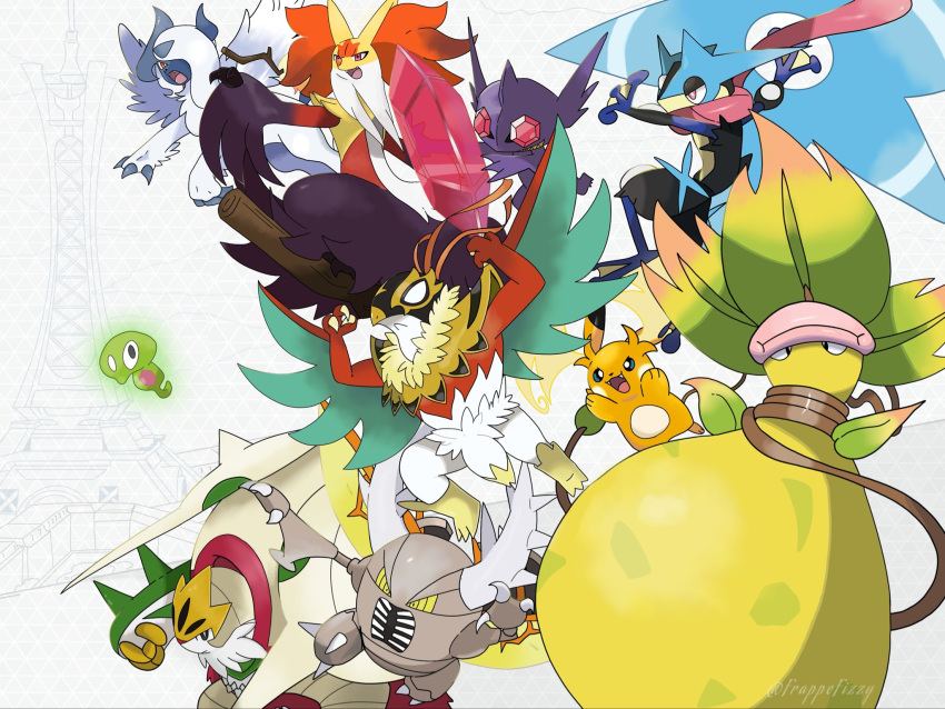 absol animal_ears animal_nose armor asymmetrical_horns beetle bird black_eyes black_fur blank_eyes blue_eyes blue_horns body_fur bright_pupils broom broom_riding bug cape chesnaught claws colored_skin colored_teeth delphox fangs feather-trimmed_belt feathered_wings forehead_protector fox fox_ears frappefizzyy frog fur_cape gem gem_eyes ghost gremlin_(mythology) greninja hawlucha highres holding holding_gem horns insect_wings leaf long_tongue luchador luchador_mask mask mega_absol mega_chesnaught mega_delphox mega_greninja mega_hawlucha mega_pinsir mega_pokemon mega_raichu_y mega_sableye mega_victreebel mouse_(animal) neck_fur no_humans official_style one_eye_covered orange_fur orange_skin pink_eyes pink_lips pinsir plant plant_monster pokemon pokemon_(creature) pokemon_focus pokemon_legends:_z-a purple_skin raichu red_eyes red_fur red_gemstone red_nose sableye sharp_teeth shoulder_armor shuriken snout spikes standing_on_weapon teeth tongue tongue_scarf uneven_horns v-shaped_eyes very_long_tail very_long_tongue victreebel vines weapon webbed_feet white_beard white_fur white_pupils white_wings wing_cape wings yellow_claws yellow_eyes yellow_fur yellow_skin yellow_teeth zygarde zygarde_cell