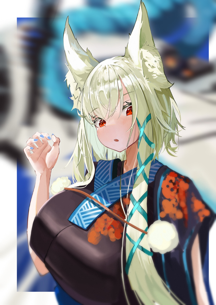 1girl absurdres animal_ear_fluff animal_ears artery_gear artery_gear:_fusion asymmetrical_hair blue_nails breasts fox_ears ginga_(artery_gear) highres japanese_clothes jiang_long_bao large_breasts light_brown_hair looking_at_viewer medium_hair open_mouth red_eyes single_sidelock solo