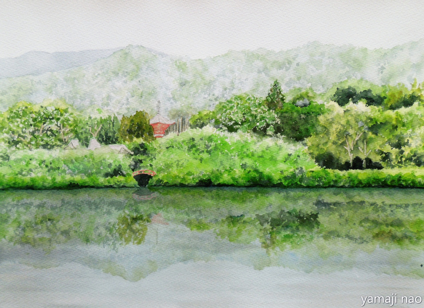 building forest highres lake mountain mountainous_horizon naoy_watercolor nature no_humans original painting_(medium) reflection reflective_water scenery traditional_media tree water watercolor_(medium)