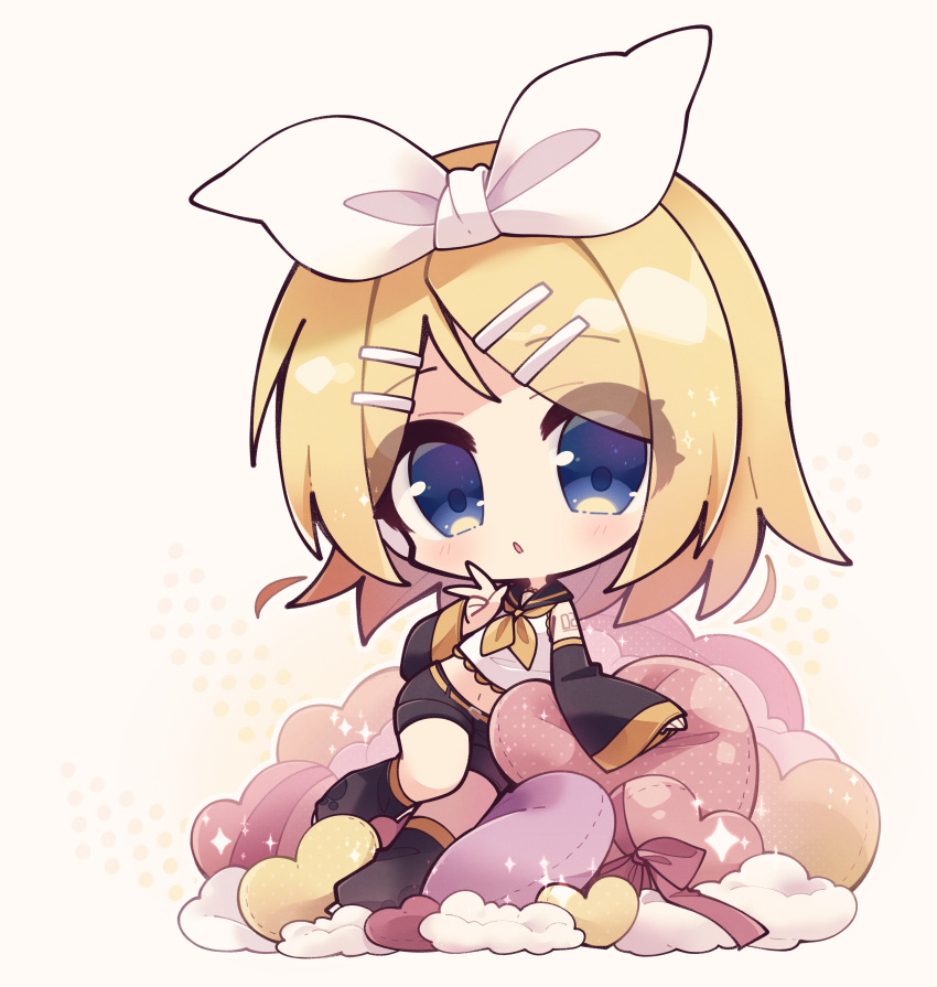 1girl :o absurdres belt belt_buckle black_shorts blonde_hair blue_eyes bow buckle chibi commentary detached_sleeves eyes_visible_through_hair full_body hair_bow hair_ornament hairclip headset heart-shaped_pillow highres kagamine_rin leg_warmers misosiru_0224 navel on_pillow open_mouth pillow sailor_collar short_hair shorts shoulder_tattoo simple_background solo stomach tattoo treble_clef v vocaloid white_background white_bow yellow_belt yellow_sailor_collar
