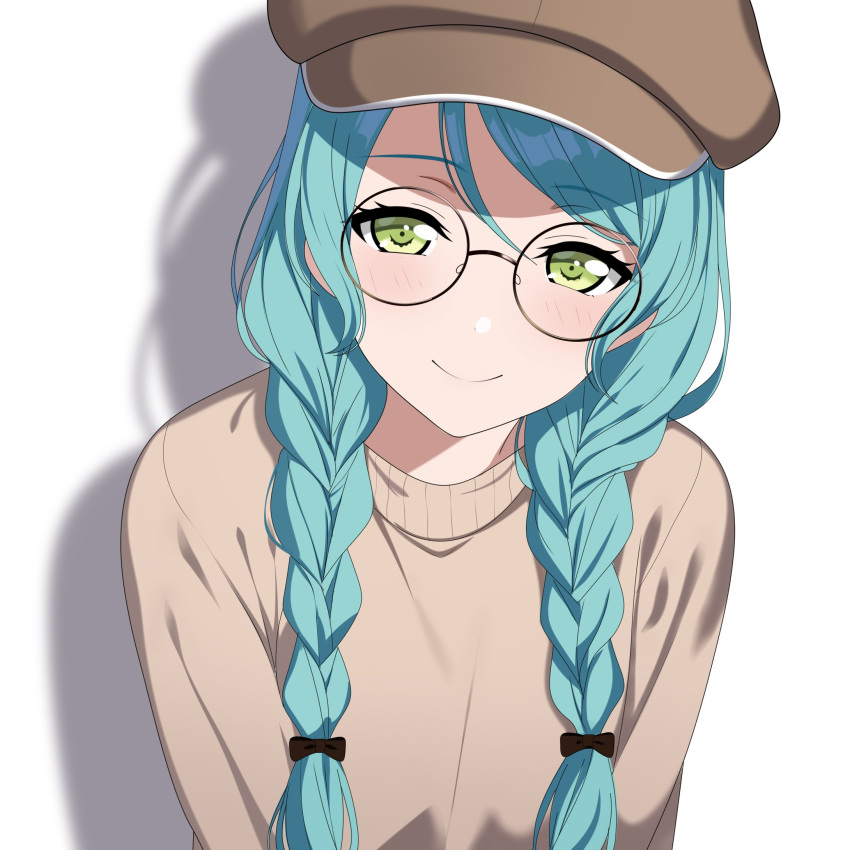 1girl aqua_hair bang_dream! bow braid brown_headwear brown_sweater cabbie_hat fries_vanquisher glasses green_eyes hair_bow hair_over_shoulder hat highres hikawa_sayo light_blush long_hair looking_at_viewer round_eyewear shadow simple_background smile solo sweater twin_braids twintails white_background