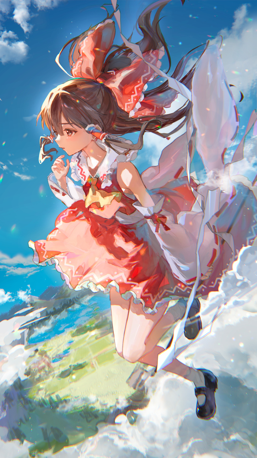 1girl above_clouds absurdres ascot bare_shoulders black_footwear blue_sky bow brown_eyes brown_hair clouds commentary_request detached_sleeves frilled_bow frilled_skirt frills full_body gohei hair_bow hakurei_reimu hand_up highres holding holding_gohei kikinoki long_hair open_mouth outdoors red_bow red_skirt red_vest ribbon-trimmed_sleeves ribbon_trim shoes skirt sky socks solo touhou vest white_socks wide_sleeves yellow_ascot