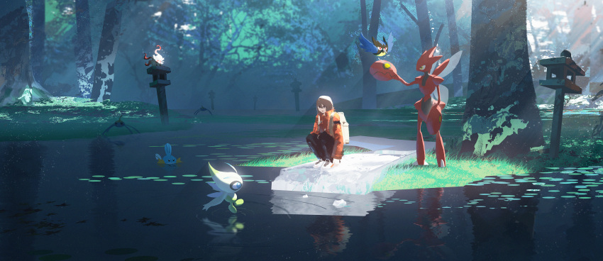 1boy absurdres asteroid_ill backpack bag bird black_pants blurry brown_eyes brown_hair celebi coat dappled_sunlight depth_of_field floating forest highres larvesta light_particles light_rays lily_pad looking_at_another mudkip nature pants partially_submerged pokemon pond reflection ripples rookidee scenery scizor squatting sunlight surskit tree water white_footwear