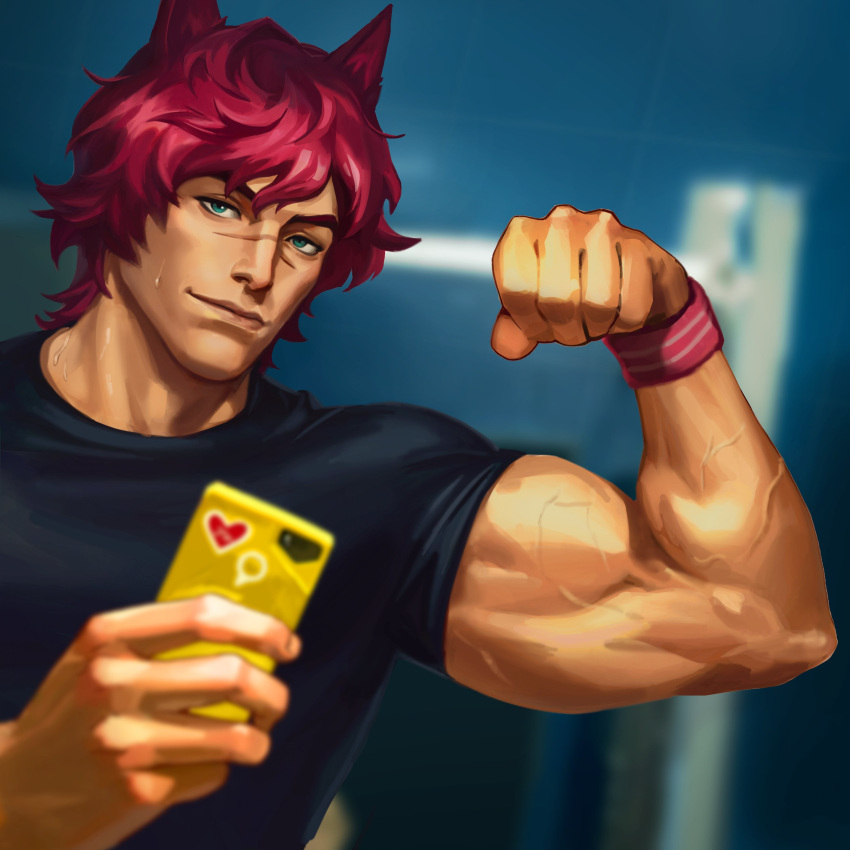 1boy absurdres animal_ears biceps black_shirt blue_eyes closed_mouth flexing heartsteel_(league_of_legends) heartsteel_sett highres holding holding_phone league_of_legends looking_at_viewer male_focus official_art phone redhead scar scar_on_face scar_on_nose sett_(league_of_legends) shirt short_hair solo wristband