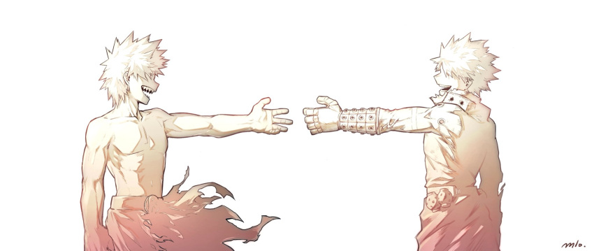 17pagdot0w79390 2boys bakugou_katsuki boku_no_hero_academia commentary_request from_side happy highres kirishima_eijiro looking_at_another male_focus multiple_boys open_mouth sharp_teeth short_hair simple_background smile spiky_hair superhero_costume teeth topless_male white_background