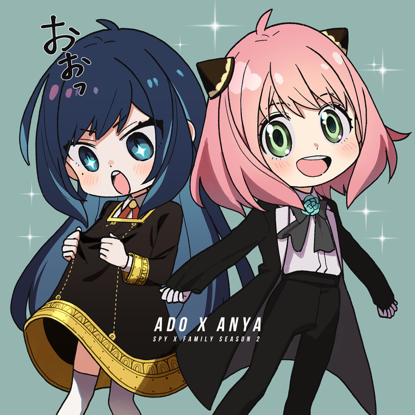 2girls ado_(utaite) ado_(utaite)_(cosplay) ahoge alternate_costume anya_(spy_x_family) anya_(spy_x_family)_(cosplay) black_bow black_bowtie black_coat black_pants blue_eyes blue_flower blue_hair blush bow bowtie cloud_nine_inc coat collared_shirt colored_inner_hair commentary cosplay costume_switch dress_shirt flower green_eyes highres kneehighs long_hair long_sleeves looking_at_viewer medium_hair mole mole_under_eye multicolored_hair multiple_girls open_clothes open_coat open_mouth pants pink_hair riseno shirt sidelocks sleeves_past_wrists smile socks spy_x_family star-shaped_pupils star_(symbol) symbol-shaped_pupils teeth translation_request two-tone_hair upper_body upper_teeth_only utaite white_shirt white_socks