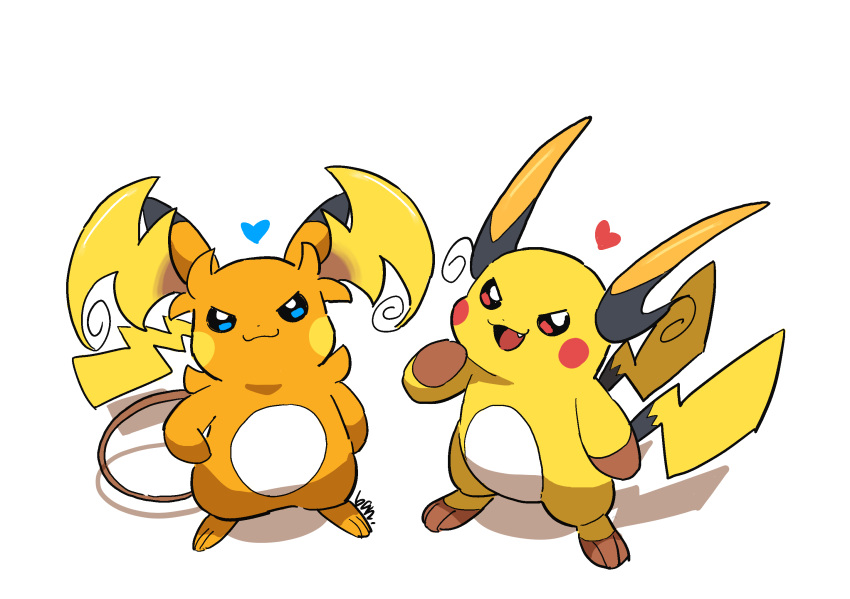 ban_(ban62460424) blue_eyes closed_mouth commentary_request fang full_body heart highres looking_at_viewer mega_pokemon mega_raichu_x mega_raichu_y no_humans open_mouth pokemon pokemon_(creature) pokemon_legends:_z-a raichu red_eyes shadow simple_background standing white_background