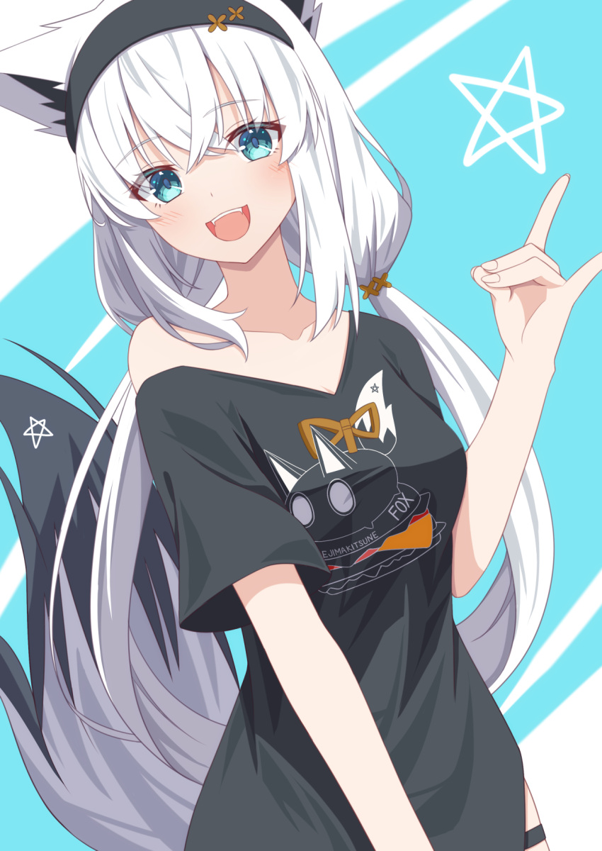 1girl ahoge animal_ear_fluff animal_ears black_hairband black_shirt blush commentary_request divergenceok earrings fox_ears fox_girl fox_shadow_puppet fox_tail green_eyes hair_between_eyes hairband highres hololive jewelry long_hair looking_at_viewer low_twintails open_mouth pentagram shirakami_fubuki shirakami_fubuki_(7th_costume) shirt short_sleeves sidelocks solo tail twintails virtual_youtuber white_hair