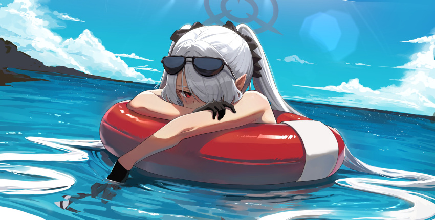 1girl absurdres bada_(jksh5056) bare_shoulders beach black-framed_eyewear black_gloves blue_archive blue_sky clouds cloudy_sky eyewear_on_head gloves grey_hair hair_over_one_eye halo highres innertube iori_(blue_archive) iori_(swimsuit)_(blue_archive) long_hair looking_at_viewer official_alternate_costume outdoors pointy_ears red_eyes sky solo sunglasses sunlight twintails water