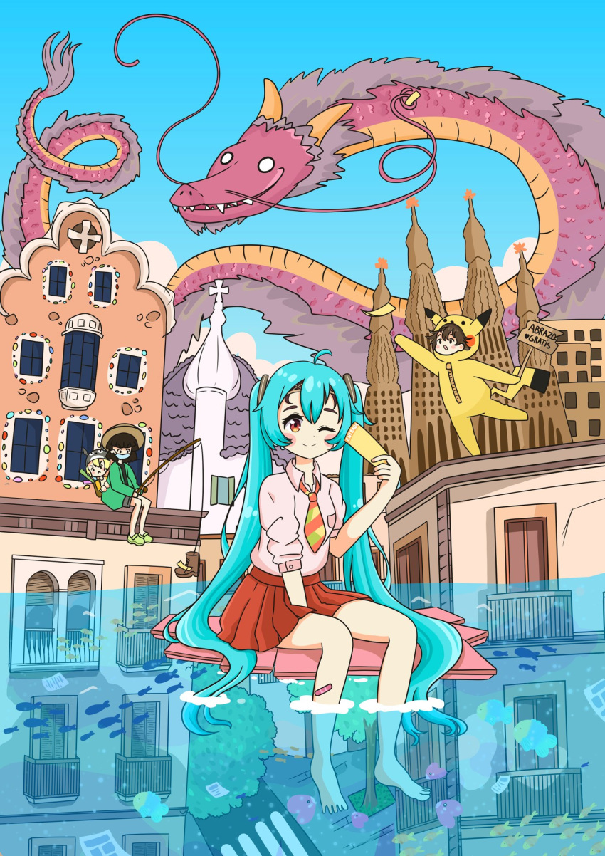 aqua_hair bare_legs barefoot black_hair blonde_hair blue_sky brown_hair brown_skirt building clouds cloudy_sky collared_shirt copyright_request cosplay dragon draw_this_in_your_style_challenge fish fishing fishing_rod green_footwear highres holding holding_fishing_rod holding_sign luvdisc necktie nomi_drawings one_eye_closed pikachu pikachu_(cosplay) pleated_skirt pokemon pokemon_(creature) red_eyes sagrada_familia shirt shirt_tucked_in sign skirt sky smile soaking_feet solo_focus striped_necktie tree white_shirt wig
