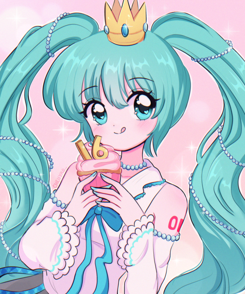 1990s_(style) 1girl absurdres artist_name bead_necklace beads blue_eyes blue_hair blush chelly_(chellyko) collared_shirt commentary crown cupcake detached_sleeves english_commentary food hair_beads hair_ornament hatsune_miku heart heart_in_eye highres holding holding_food jewelry long_hair long_sleeves looking_at_viewer mini_crown nail_polish neck_ribbon necklace pink_background retro_artstyle ribbon shirt sleeveless sleeveless_shirt smile solo sparkle symbol_in_eye tongue tongue_out twintails upper_body vocaloid