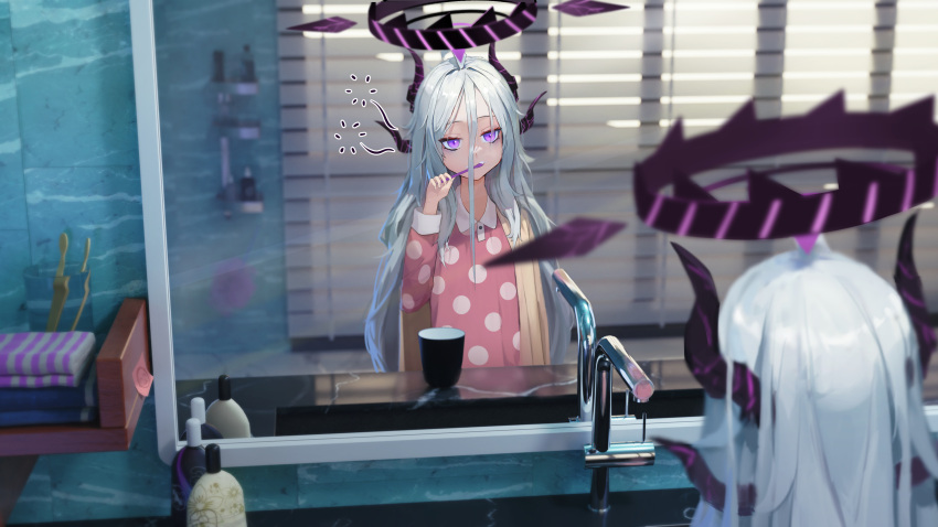 1girl 20cnanmin absurdres arona's_sensei_doodle_(blue_archive) bags_under_eyes bathroom blanket blue_archive brushing_teeth demon_horns faucet grey_hair hair_between_eyes halo highres hina_(blue_archive) horns long_hair looking_at_self messy_hair official_alternate_costume pajamas pink_pajamas polka_dot polka_dot_pajamas reflection sensei_(blue_archive) sink solo standing sticky_note toothbrush very_long_hair violet_eyes