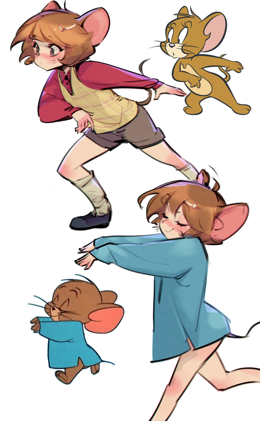 1boy absurdres ahoge animal_ears animification highres humanization jerry_(tom_and_jerry) mouse_boy mouse_ears mouse_tail phantom_ix_row red_shirt reference_inset screenshot_inset shirt short_hair shorts smile socks solo tail tom_and_jerry vest white_socks