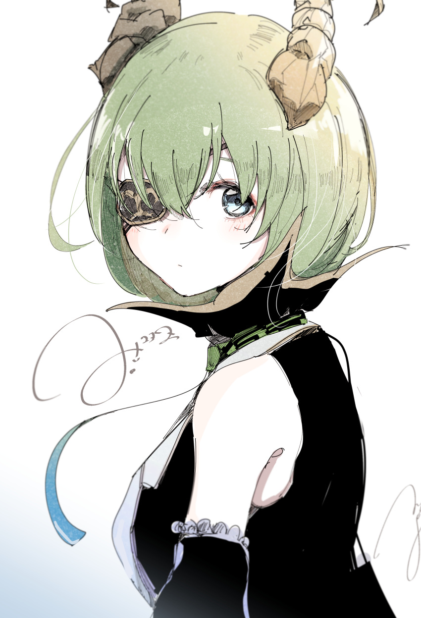 1girl absurdres black_shirt black_sleeves blue_eyes blush brown_horns closed_mouth commentary_request curled_horns demon_girl demon_horns detached_sleeves expressionless eyepatch green_hair hair_between_eyes highres honey_strap horns looking_at_viewer looking_to_the_side medium_bangs nanashi_inc. ogura_tubuan sekishiro_mico shirt short_hair simple_background sleeveless sleeveless_shirt solo upper_body virtual_youtuber white_background