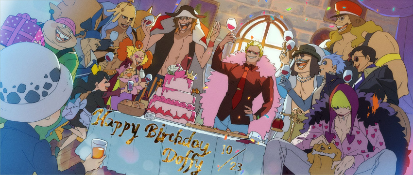 2girls 6+boys aged_down animal_ears baby_5 birthday_cake black_coat black_dress black_hair blonde_hair blue_hair box bread brown_hair buck_teeth buffalo_(one_piece) cake cigarette closed_mouth coat confetti cup dated dellinger_(one_piece) diamante dog donquixote_doflamingo donquixote_rocinante dress drinking_glass english_text feather_coat fire food gift gift_box giolla gladius_(one_piece) hand_on_own_hip happy_birthday hat heart heart_print highres holding holding_cup holding_gift indoors lao_g long_hair machvise makeup multicolored_hair multiple_boys multiple_girls muscular muscular_male necktie one_piece open_mouth peaked_cap pica pink_coat rabbit_ears red_necktie red_shirt senor_pink shirt smile sunglasses table teeth toasting_(gesture) trafalgar_law trebol two-tone_hair ususmomo white_headwear wine_glass