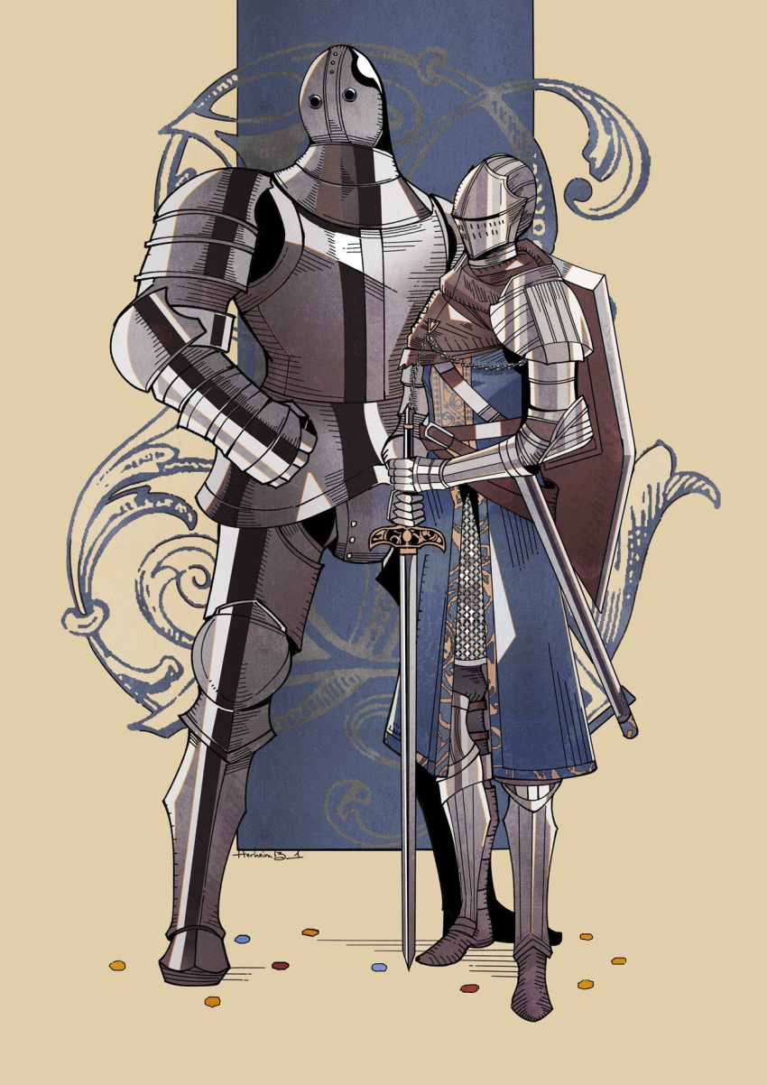 1boy 1girl anri_of_astora arm_guards armor belt chainmail covered_face cuirass dark_souls_(series) dark_souls_iii denny626 full_armor gauntlets greaves helm helmet highres holding holding_sword holding_weapon horace_the_hushed mixed-language_commentary shield simple_background sword weapon yellow_background