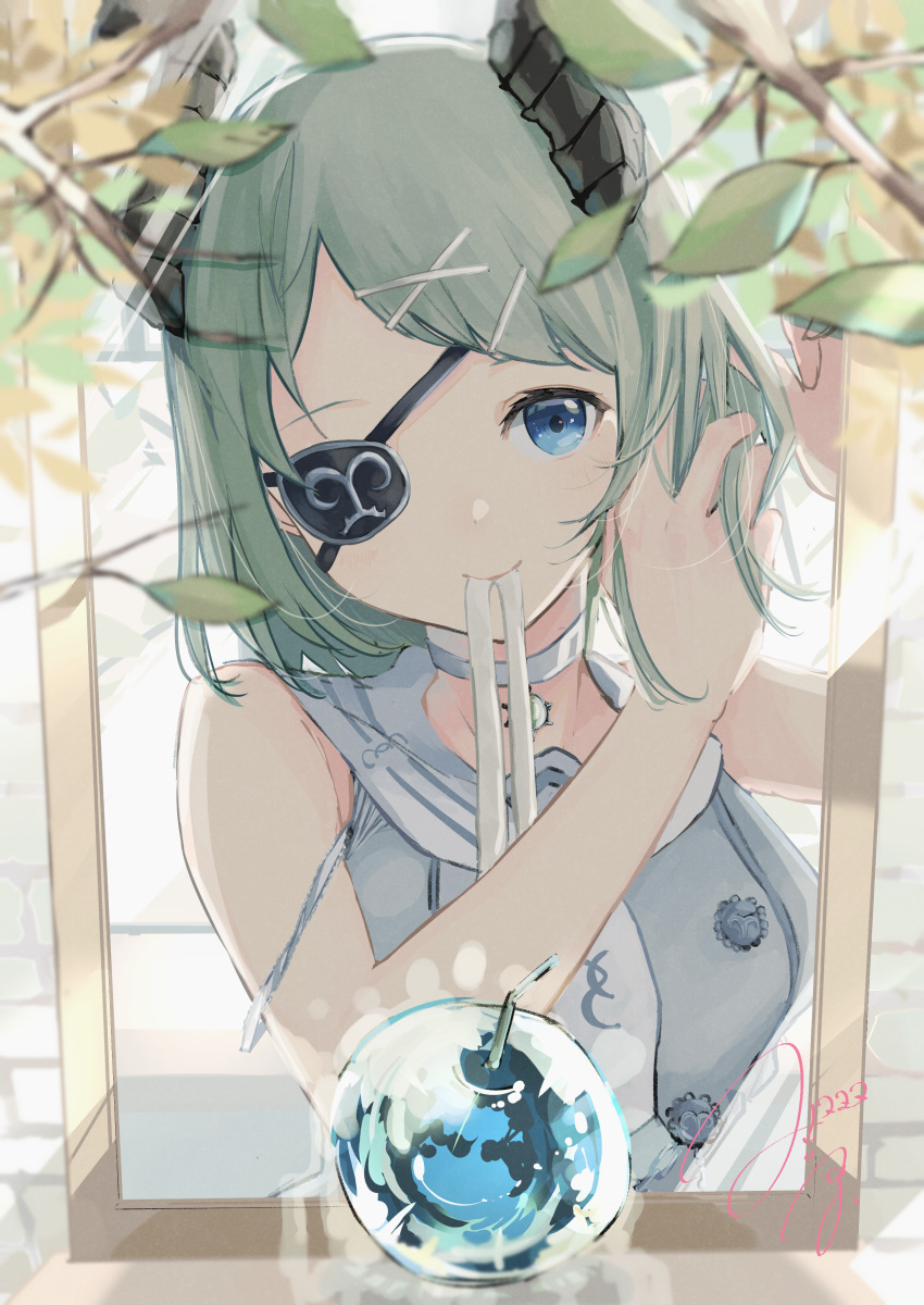1girl absurdres bauble blue_eyes branch breasts closed_mouth commentary_request curled_horns demon_girl demon_horns eyepatch grey_horns grey_shirt hair_ornament hair_tie_in_mouth highres honey_strap horns leaf looking_at_viewer medium_bangs medium_breasts mirror mouth_hold nanashi_inc. ogura_tubuan reflection sekishiro_mico shirt short_hair sleeveless sleeveless_shirt smile solo swept_bangs upper_body virtual_youtuber x_hair_ornament