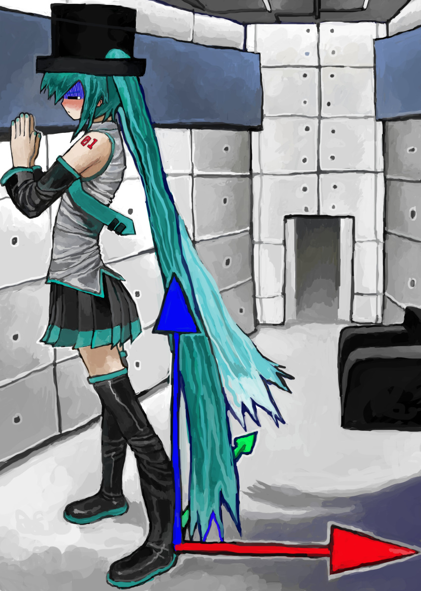 1girl =_= absurdres armchair black_footwear black_headwear black_skirt blobfishizzy blue_hair blue_nails blue_necktie blush boots ceiling_light chair closed_eyes closed_mouth collared_shirt comedy floating_neckwear from_side full_body gloom_(expression) grey_shirt hands_up hat hatsune_miku highres indoors jamiroquai long_hair necktie nose_blush number_tattoo open_door own_hands_together palms_together parody pleated_skirt profile shaded_face shirt shoulder_tattoo skirt solo standing tattoo tearing_up thigh_boots tie_clip tile_wall tiles top_hat twintails very_long_hair vocaloid