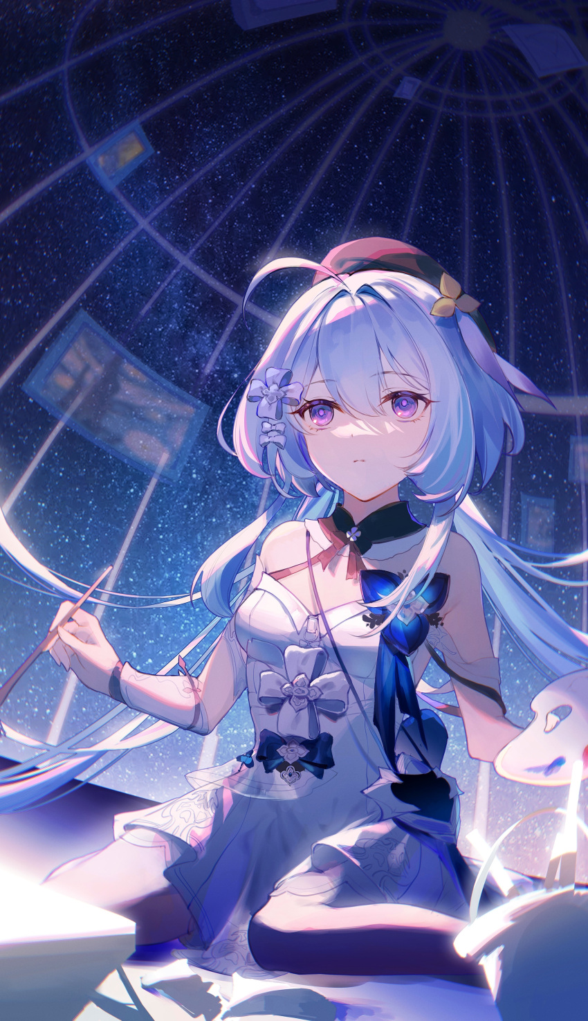 1girl absurdres ahoge bare_shoulders beret black_headwear blue_hair breasts chinese_commentary closed_mouth commentary_request dress griseo hair_between_eyes hair_ornament hat highres holding holding_brush honkai_(series) honkai_impact_3rd long_hair looking_at_viewer night night_sky palette_(object) sitting sky sleeveless sleeveless_dress solo star_(sky) starry_sky twintails violet_eyes wariza white_dress yaosan