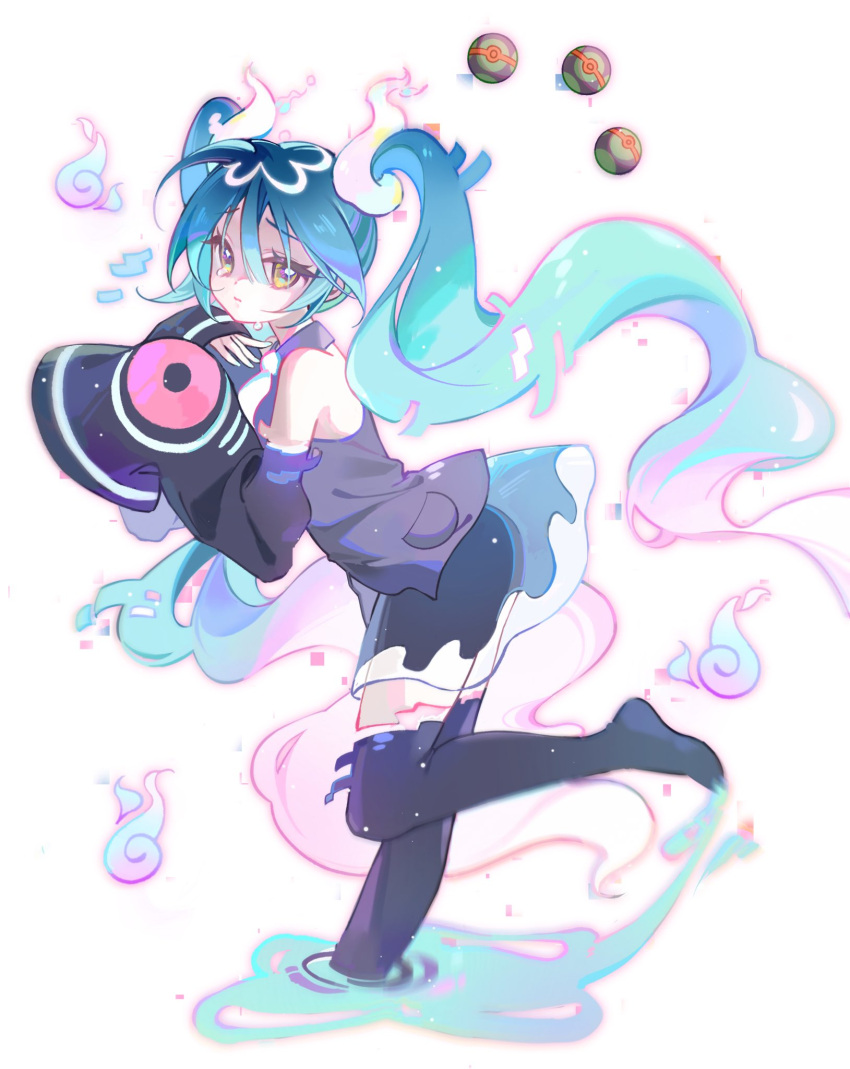 1girl aqua_hair black_thighhighs collared_shirt detached_sleeves dusk_ball ghost ghost_miku_(project_voltage) glitch grey_shirt gutou hair_between_eyes hatsune_miku highres long_hair necktie poke_ball pokemon project_voltage see-through see-through_skirt shirt skirt sleeves_past_fingers sleeves_past_wrists thigh-highs twintails very_long_hair vocaloid will-o'-the-wisp_(mythology) yellow_eyes