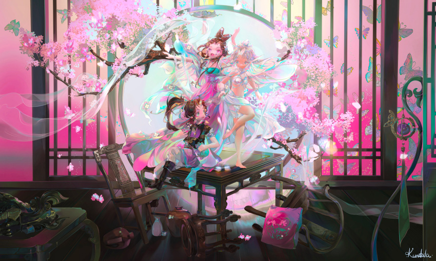 3girls absurdres black_hair bug butterfly chair chinese_clothes flower highres kunatata multiple_girls on_table open_mouth original procreate_(medium) short_sleeves signature table tree white_hair