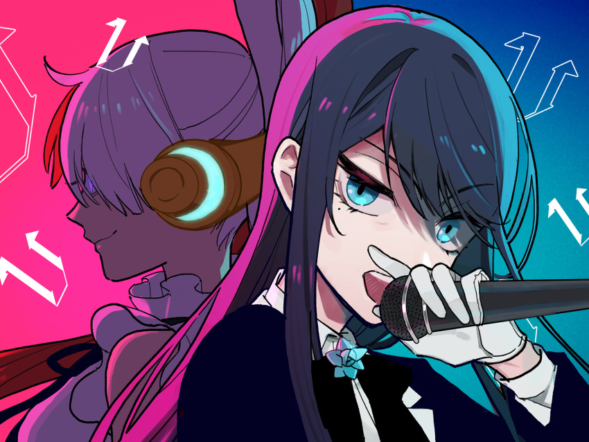 2girls ado_(utaite) bare_shoulders black_bow black_bowtie black_hair blue_eyes blue_flower blue_jacket bow bowtie closed_mouth cloud_nine_inc collared_shirt commentary_request dress_shirt flower gloves glowing glowing_eyes highres holding holding_microphone jacket long_hair looking_at_viewer microphone mole mole_under_eye multicolored_hair multiple_girls one_piece one_piece_film:_red open_mouth redhead riseno shadow shirt sidelocks teeth two-tone_hair upper_body upper_teeth_only uta_(one_piece) utaite violet_eyes voice_actor_connection white_gloves white_hair white_shirt