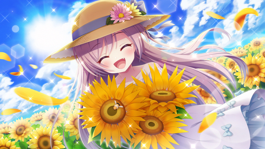 1girl alternate_hairstyle bare_shoulders bee blue_bow blue_ribbon blue_sky bow bug closed_eyes clouds cloudy_sky collarbone day dot_nose dress dutch_angle fang field film_grain flower flower_field game_cg happy hat hat_bow hat_flower hat_ribbon holding holding_flower izumi_tsubasu lens_flare long_hair misaki_sango non-circular_lens_flare non-web_source off-shoulder_dress off_shoulder official_art open_mouth outdoors petals purple_flower purple_hair re:stage! ribbon sky smile solo sparkle straw_hat sun sunflower sunflower_field white_bow white_dress yellow_flower