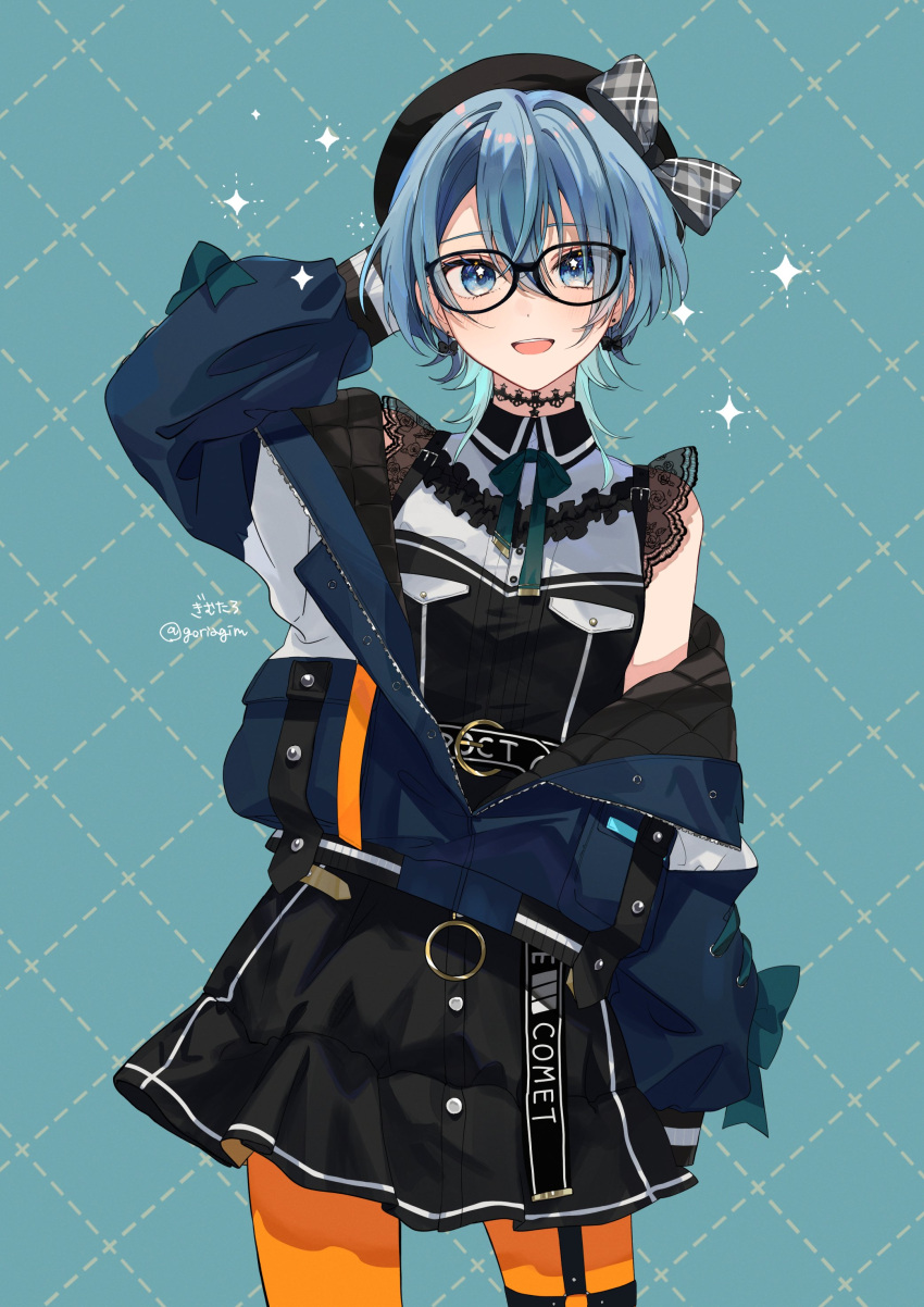 1girl absurdres beret black_headwear blue_eyes blue_hair choker gim_(gim-gim-3919) hair_between_eyes hat highres hololive hoshimachi_suisei hoshimachi_suisei_(3rd_costume) jacket jewelry lace lace_choker lace_sleeves looking_at_viewer official_alternate_costume official_alternate_hair_length official_alternate_hairstyle open_mouth orange_pantyhose pantyhose ribbon shirt smile solo virtual_youtuber