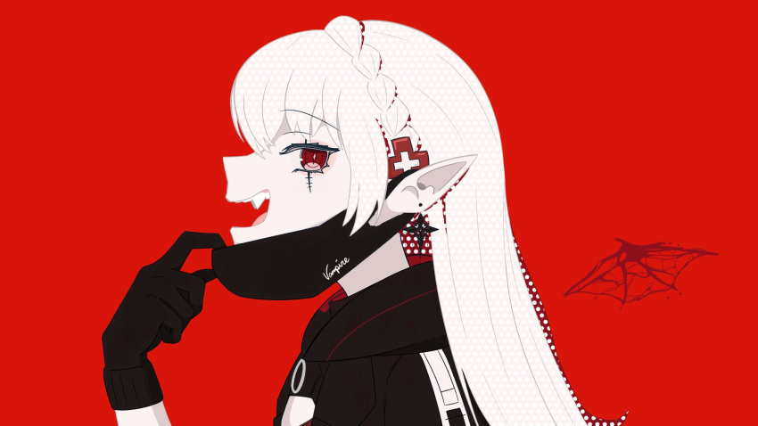 1girl arknights black_gloves black_jacket braid earrings fang gloves gribberoni hair_between_eyes highres holding holding_mask jacket jewelry long_hair looking_at_viewer mask pointy_ears profile red_background red_eyes sidelocks simple_background smile solo upper_body vampire warfarin_(arknights) white_hair