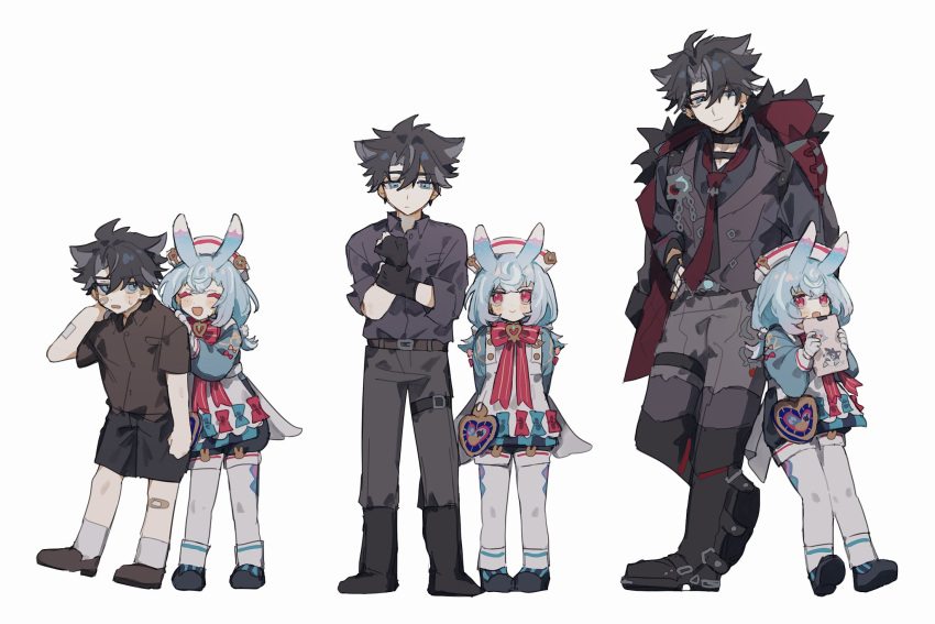 1boy 1girl age_progression animal_ears bandaged_neck bandages bandaid bandaid_on_cheek bandaid_on_face black_footwear black_gloves black_hair black_shorts blue_eyes boots bow closed_eyes closed_mouth full_body genshin_impact gloves grey_hair hair_between_eyes hair_ornament hat highres holding long_sleeves low_twintails mgmgramen multiple_views necktie open_mouth pants pantyhose pom_pom_(clothes) pom_pom_hair_ornament red_eyes red_necktie short_sleeves shorts sigewinne_(genshin_impact) simple_background socks standing twintails white_background white_gloves white_socks wriothesley_(genshin_impact)