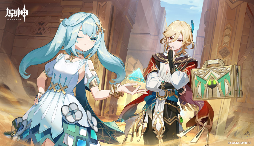 1boy 1girl absurdres ahoge arabian_clothes black_pants blonde_hair breasts dress faruzan_(genshin_impact) feather_hair_ornament feathers genshin_impact hair_ornament hand_on_own_hip highres kaveh_(genshin_impact) logo looking_at_another milestone_celebration official_art one_eye_closed pants red_eyes small_breasts smile twintails upper_body white_dress white_sleeves