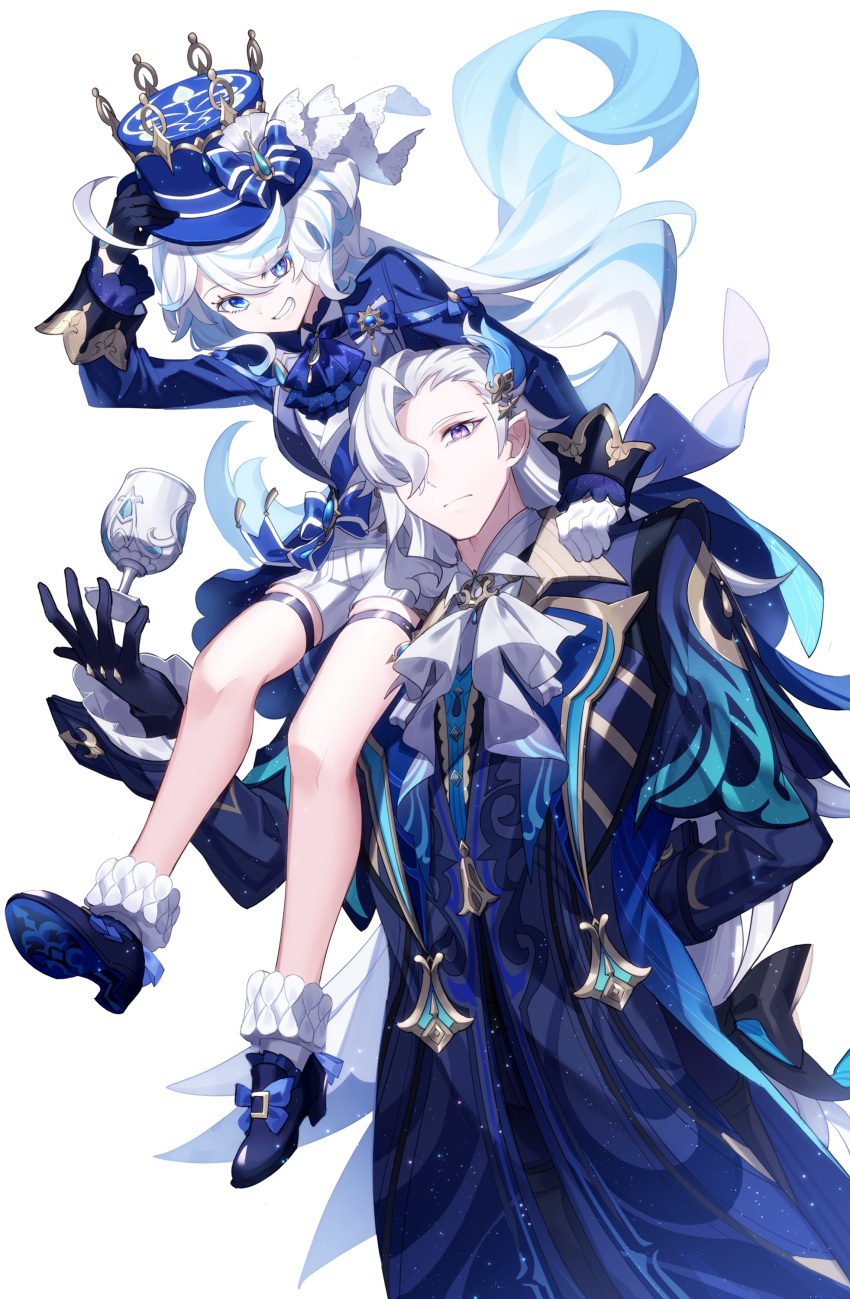 1boy 1girl absurdres ahoge ascot asymmetrical_gloves black_footwear black_gloves blue_eyes blue_hair blue_headwear clenched_teeth closed_mouth commentary_request cup furina_(genshin_impact) genshin_impact gloves gradient_hair hair_over_one_eye hand_on_headwear hat heterochromia highres hizuki_miya legs long_hair long_sleeves looking_at_viewer mismatched_gloves multicolored_hair neuvillette_(genshin_impact) pointy_ears shoes simple_background sitting_on_shoulder smile teeth thighs two-tone_hair violet_eyes white_ascot white_background white_gloves white_hair