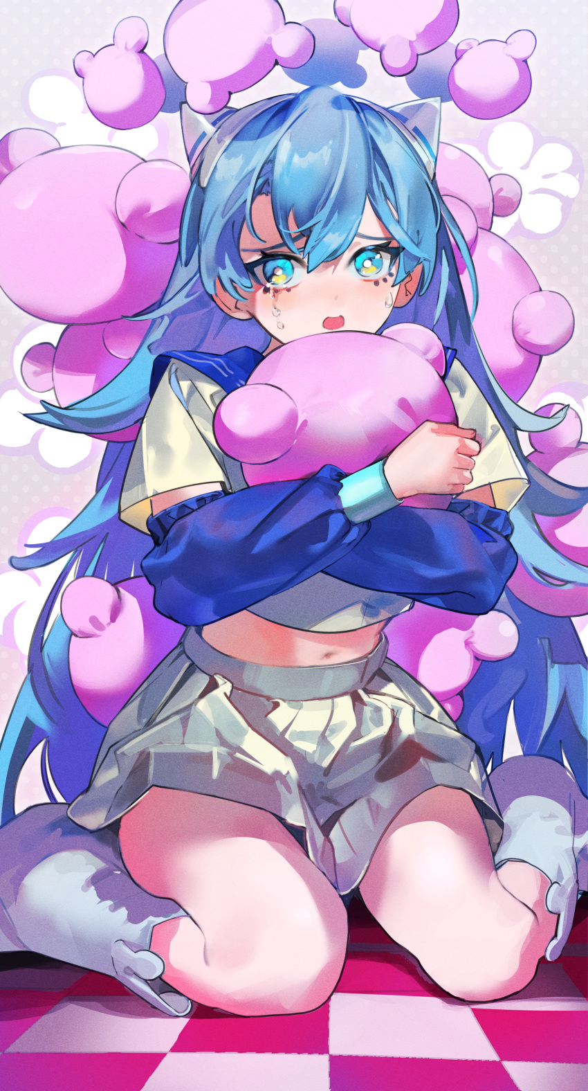 1girl absurdres ado_(utaite) blue_eyes blue_hair blush cloud_nine_inc crop_top crying crying_with_eyes_open detached_sleeves eyelashes facing_viewer feet_out_of_frame full_body hair_between_eyes highres horns hug long_hair looking_at_viewer midriff multicolored_eyes navel nik_ibi on_floor open_mouth pleated_skirt shiny_clothes sitting skirt tears tile_floor tiles white_footwear white_skirt yellow_eyes