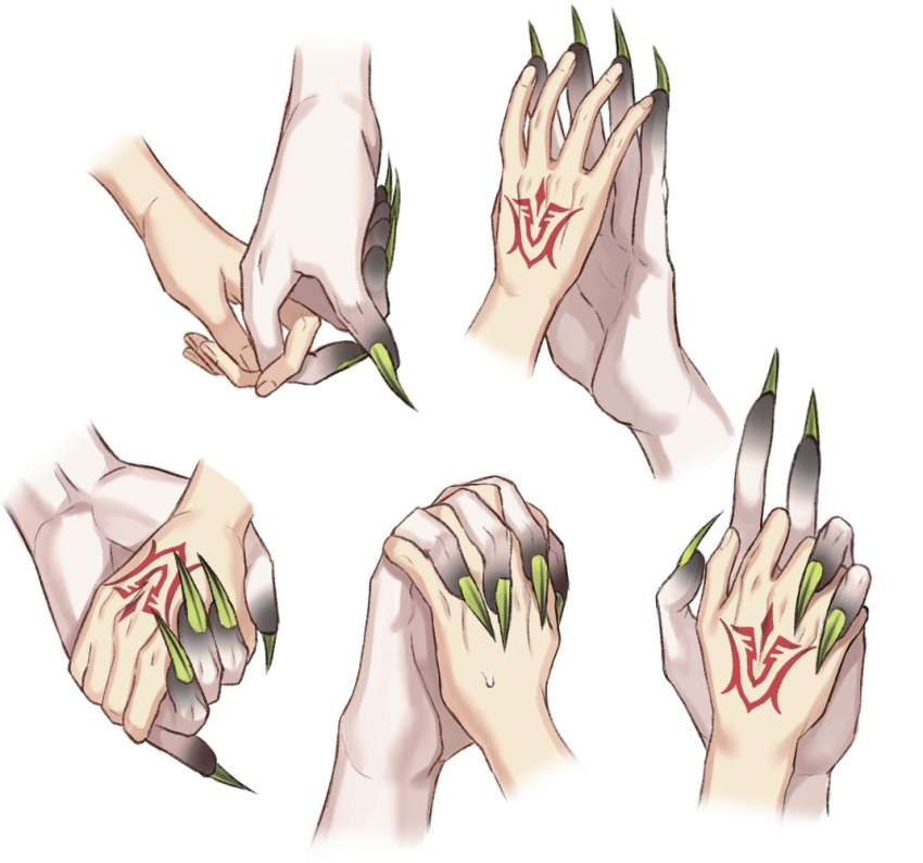 2boys ashiya_douman_(fate) command_spell fate/grand_order fate_(series) fingernails fujimaru_ritsuka_(male) green_nails hand_focus hand_tattoo holding_another's_finger holding_hands large_hands male_focus multiple_boys seum_(kao_husband) sharp_fingernails simple_background sweatdrop tattoo white_background