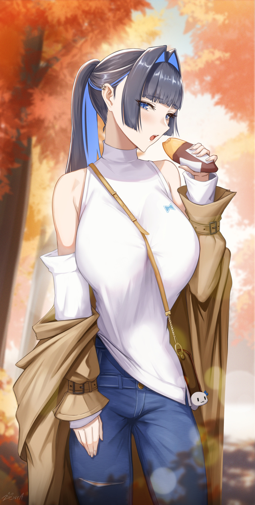 1girl absurdres autumn autumn_leaves bag black_hair blue_eyes blue_hair breasts brown_coat coat day denim detached_sleeves eating food hair_intakes handbag highres holding holding_food hololive hololive_english jeans large_breasts looking_at_viewer open_mouth ouro_kronii outdoors pants ponytail roasted_sweet_potato solo sweater sweet_potato turtleneck turtleneck_sweater virtual_youtuber zenya