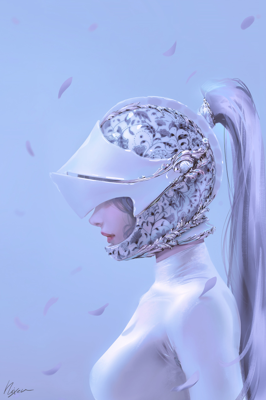 1girl absurdres breasts closed_mouth commentary covered_eyes english_commentary facing_ahead falling_petals from_side grey_background grey_hair helmet high_ponytail highres lips long_hair medium_breasts nixeu original petals profile shirt signature solo turtleneck upper_body white_shirt