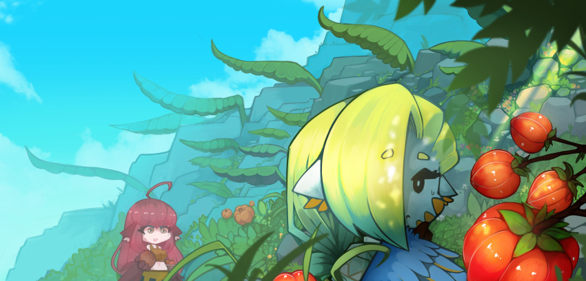 2girls absurdres ahoge animal_ears bird_ears bird_legs blonde_hair blue_feathers brown_tank_top cliff coco_(eogks) english_commentary feathers food fruit gradient_hair green_hair grey_poncho hair_over_one_eye harpy highres holding holding_food holding_fruit landscape long_hair mako_(eogks) monster_girl multicolored_hair multiple_girls navel nn_(eogks) open_mouth orange_feathers original outdoors oversized_plant red_feathers red_wings redhead tank_top thinking two-tone_wings winged_arms wings